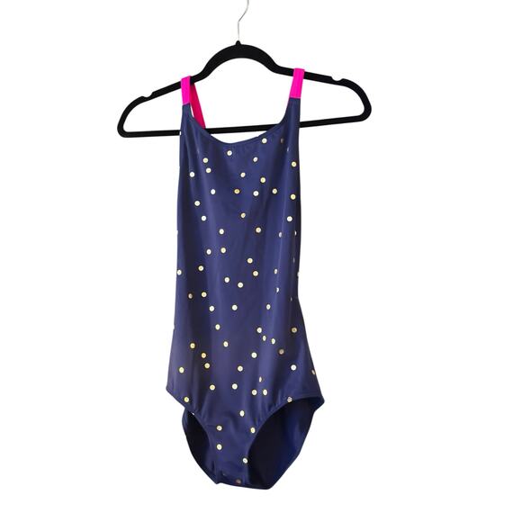 Mini Boden Cross-back Printed Swimsuit in Navy with Gold Foil Confetti Dot - Picture 1 of 9